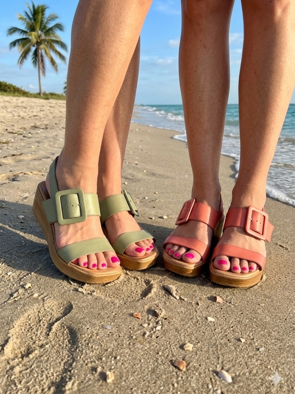 2 PAIR Bueno👌Buckle Platform Sandals 1 PR Green ➕ 1 PR Coral Good Cond Sz 37